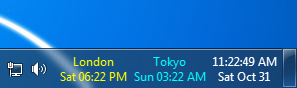 Date and time from multiple time zones displayed in the Windows 7 taskbar clock
