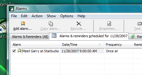 Once you finish editing of the new alarm and click OK, you will see this new alarm in the scheduled alarms list. 