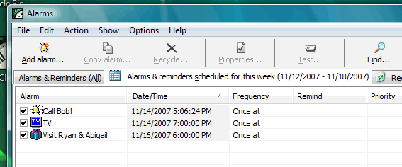 Scheduled alarms are displayed again on the separate tab in the Alarm List window. Selected period is shown in this tab's title. You can review and manage alarms here.