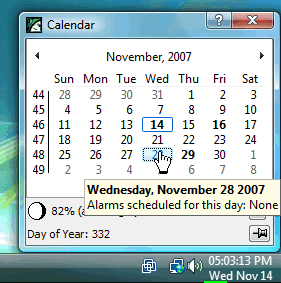 You can easily add a new alarm for a specific day. Suppose you want to add a new alarm to run on 28th of November. Hover the mouse over 28th. You will see that no alarms are scheduled for this day yet.